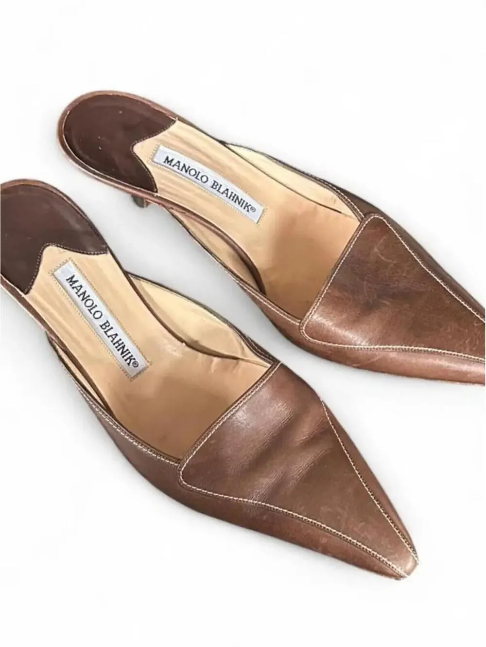 90s Vintage Manolo Blahnik Leather Stitched Pointed Mules | Size 7 US / 37.5 EU